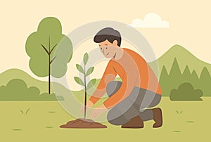 Flat Illustration of man Planting Trees for Eco Lifestyle