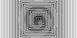 Geometric optical illusion pattern with black concentric lines and abstract square design