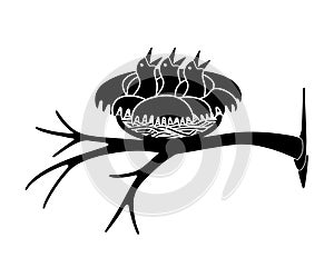 A nest with three chicks on a tree branch is a vector silhouette image suitable for stenciling or printing.