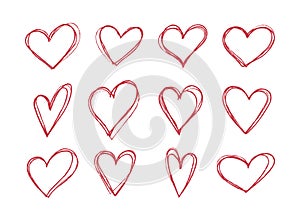 set of sketch pink hand draw heart, red doodle line icon heart, romance love elements for Valentine's Day,