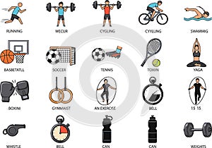 Sports Equipment and Activities Icon Set Illustration
