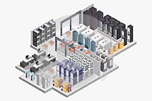 Isometric data center network illustrated in vector
