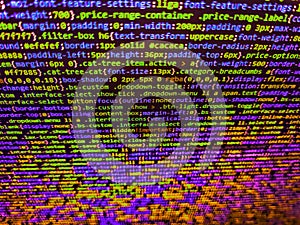 Web abstract programming and created virus on laptop screen. Data bits computer bits, shadow and dark vignette effect. Abstract