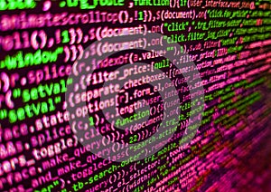 Web abstract programming and created virus on laptop screen. Developer working on source codes on computer at office. Data