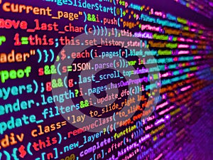 Web abstract programming and created virus on laptop screen. Developing programming and coding technologies. Coding application by