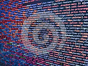 Web abstract programming and created virus on laptop screen. Matrix byte of binary data rian code running abstract background in