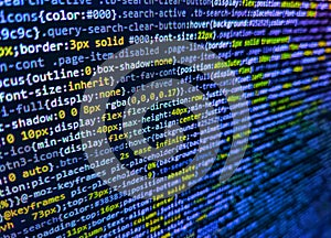 Web abstract programming and created virus on laptop screen. PHP development, software site code. Modern tech. Programmer