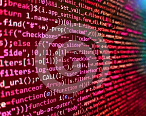 Web abstract programming and created virus on laptop screen. RNN Neural Network source code. Web developer HTML code with CSS on