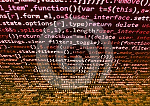 Web abstract programming and created virus on laptop screen. Software developer programming code on black screen. Lines of Html