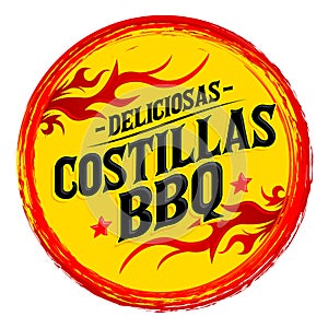 Costillas BBQ Deliciosas, Delicious BBQ Ribs spanish text, Grunge rubber stamp photo