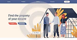 Web advertising template real estate agency vector flat illustration. Happy couple and smiling agent shaking hands