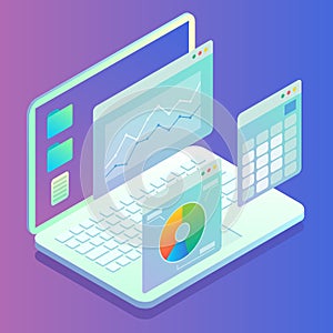 Web analytics concept. Laptop computer with charts, graphs on screen. Website statistics, vector isometric illustration.