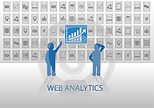 Web analytics illustration with two data analysts. Online data analysis of social media data, mobile data, location data