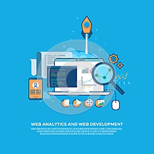 Web analytics information and website development flat concept background