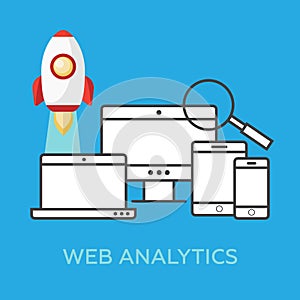 Web analytics information and website development flat concept background