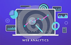 Web Analytics, Statistical Data Analysis and Metrics concept. Laptop computer with graph and charts on screen and