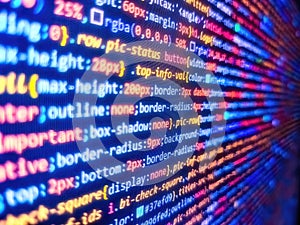 Web app coding. Php code on blue background in code editor. Admin access to data. Program code on computer screen. Computer script