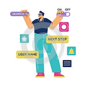 Web and app development, programmer engineering and coding website on augmented reality interface screens vector