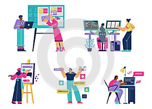 Web, app development vector set, software developer working with computers, programmer engineering and coding interface