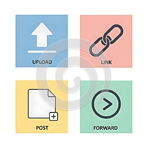 Web and App Interface Icons: Upload, Link, Post, Forward