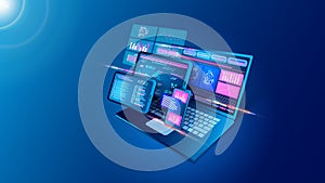 Web app software. Internet platform. Digital application. Business website screen. Laptop interface. Phone and computer