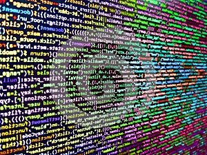 Web or application development, business and technology concept. Abstract source code background. Programming Javascript on laptop