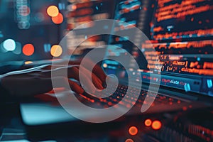 Web or application development, business and technology concept. Programmer, software developer hands coding, programming