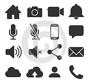 Web application interface icon collection. Vector symbol set. home, camera, camcorder and volume control button sign.