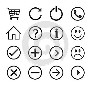 Web application interface icon collection. Vector symbol set. home, shopping cart, power and info button sign.