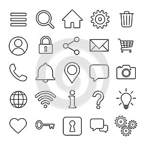 Web application interface icon collection. Vector symbol set. Search, home, settings, account, lock and info button sign.