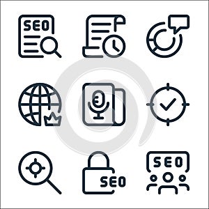 Web apps seo line icons. linear set. quality vector line set such as audience, padlock, search, tick mark, microphone, worldwide,