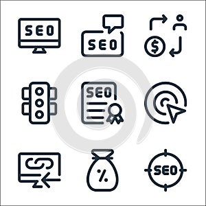 web apps seo line icons. linear set. quality vector line set such as crosshair, earning, desktop, location, certificate, user,