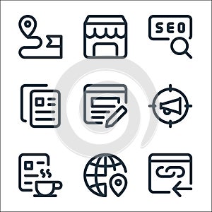 web apps seo line icons. linear set. quality vector line set such as hyperlink, global, hot drink, megaphone, edit, paste, search