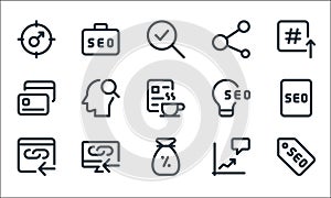 web apps seo line icons. linear set. quality vector line set such as label, earning, hyperlink, chat, desktop, cit card, idea,