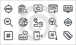 web apps seo line icons. linear set. quality vector line set such as label, smartphone, hashtag, down arrow, communication, www,