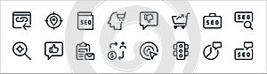 web apps seo line icons. linear set. quality vector line set such as communication, user, search, job, guide, social media,