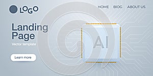 Web banner AI chip on circuit board. Technology background. CPU processor on tech bg. Computer microchip on motherboard.