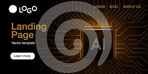 Web banner AI chip on circuit board. Technology background. CPU processor on tech bg. Computer microchip on motherboard.