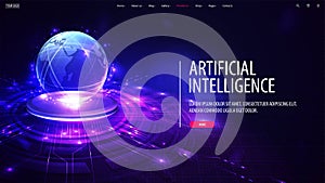 Web banner with artificial Intelligence computer database concept. Central Computer Processors CPU in form of hologram planet