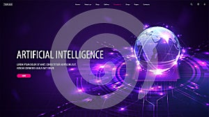 Web banner with artificial Intelligence computer database concept. Central Computer Processors CPU in form of hologram planet