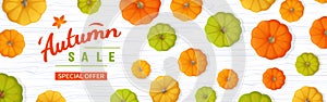 Web banner for Autumn sale. Horizontal banner flyer with pumpkins, leaves on a white wooden table. Special seasonal offer.