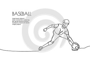 Web banner with baseball player, pitcher, catcher one line art. Continuous line drawing of promotion poster sport, team