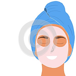 Web banner with beautiful girl taking care of her face and using facial sheet mask
