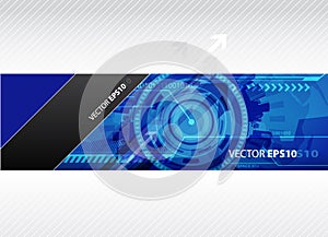 Web banner with blue technology illustration.