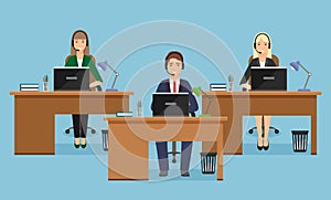 Web banner of call center with three woman employee on working places in office. Working situation with female staff