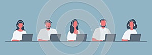 Web banner of call center workers. Young men and women in headphones sitting at the table