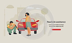 Web banner for car repair, roadside assistance or towing service with repairman replacing wheel