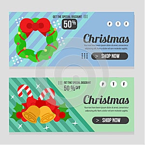 Web banner christmas template with bell wreath flat style