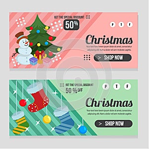 Web banner christmas template with gift present box flat style