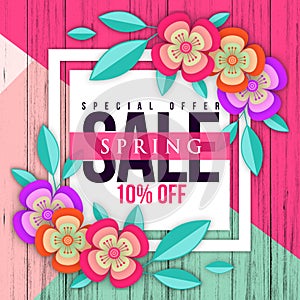 Web banner with colorful paper flowers for spring sales. Illustration of realistic flowers, can be used in the magazine, online,